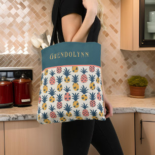 Tote Bag Monogramme d'ananas rétro Gold, rose et Turquoise