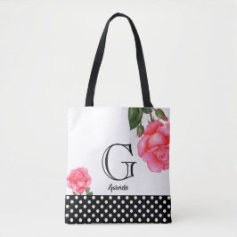 Tote Bag Monogramme d'art floral Roses roses d'aquarelle ro