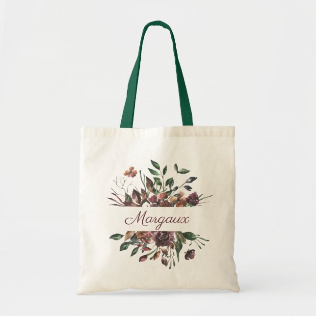 Tote Bag Monogramme de bouquet botanique de Bourgogne rusti (Devant)
