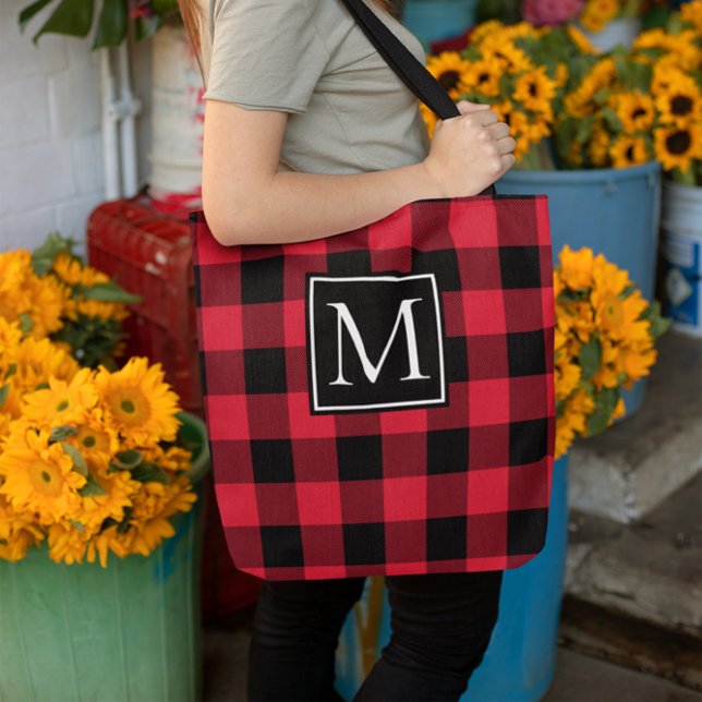 Tote Bag Monogramme de buffle rouge et noir (Monogrammed Buffalo Plaid Tote Bag)