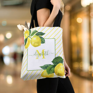 Tote Bag Monogramme de campagne citrons aquarelle rayures r