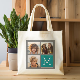 Tote Bag Monogramme de collection de photos Turquoise et gr