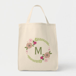 Tote Bag Monogramme de couronne de fleurs Épicerie Fourre-