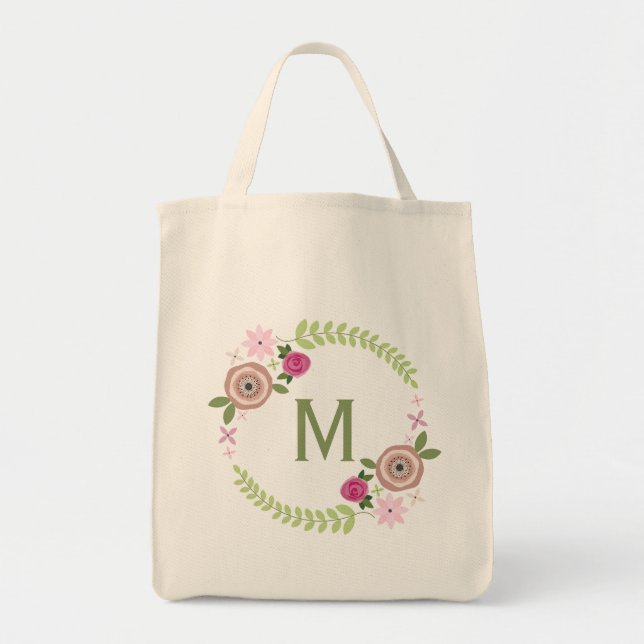 Tote Bag Monogramme de couronne de fleurs Épicerie Fourre-t (Devant)