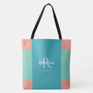 Tote Bag Monogramme de famille moderne Turquoise, bleu et r