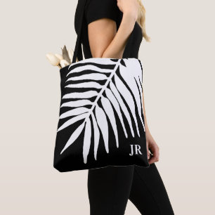 Tote Bag Monogramme de feuille de palme noir et blanc