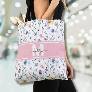 Tote Bag Monogramme de fleur sauvage élégante