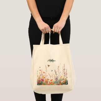 Tote Bag Monogramme de fleurs sauvages à l'aquarelle Nom pe