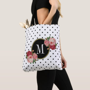 Tote Bag Monogramme de fleurs Vintages aux points noirs bla