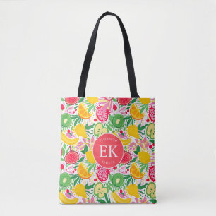 Tote Bag Monogramme de fruits tropicaux motif aquarelle d'é