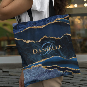 Tote Bag Monogramme de géode d'âge or bleu marine tendance