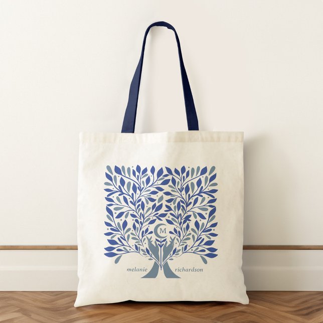 Tote Bag Monogramme de la lune céleste des mains spirituell (Spiritual Hands Celestial Crescent Moon Monogram Tote Bag)