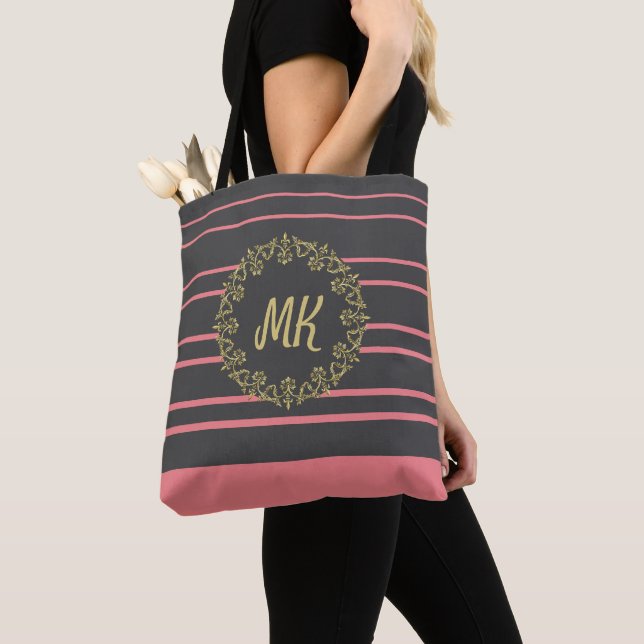 Tote Bag Monogramme de la pêche et du gris (De près)