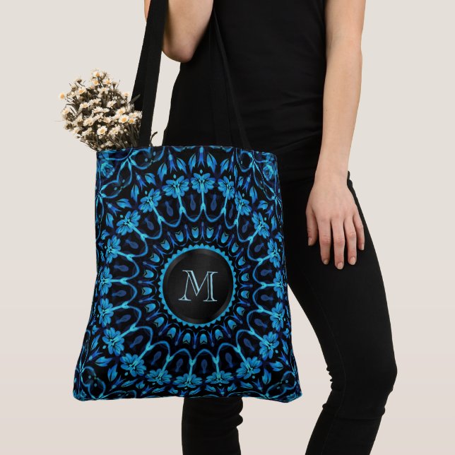 Tote Bag Monogramme de Mandala Floral Bleu (De près)