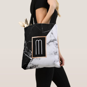 Tote Bag Monogramme de marbre blanc noir à la mode de