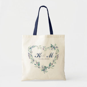 Tote Bag Monogramme de mariage Couronne florale à cœur aqua