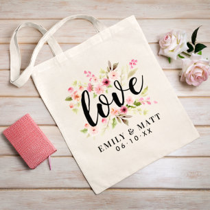 Tote Bag Monogramme de mariage Fleurs aquarelle rose Amour
