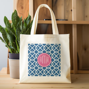 Tote Bag Monogramme de Motif géométrique rose et bleu chaud