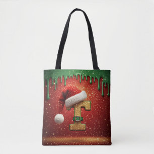 Tote Bag Monogramme de Noël personnalisé T avec chapeau de