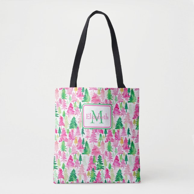 Tote Bag Monogramme de Noël rose et vert de Preppy (Devant)