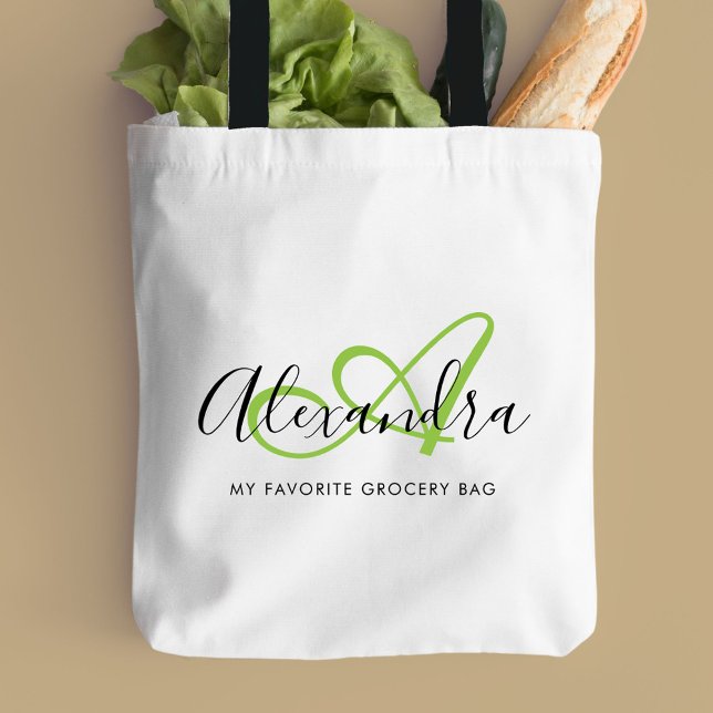 Tote Bag Monogramme de nom de script élégant vert girly bri (Girly Bright Green Elegant Script Name Monogram Tote Bag)
