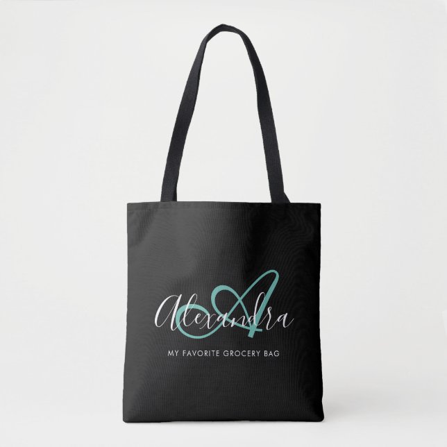 Tote Bag Monogramme de nom de script noir chic sarcelle ver (Devant)