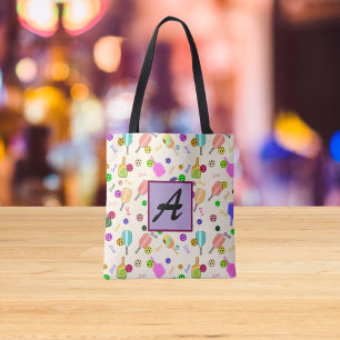 Tote Bag Monogramme de Pickleball personnalisé bleu rose ve