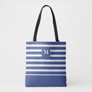 Tote Bag Monogramme de plage rayé bleu côtier blanc