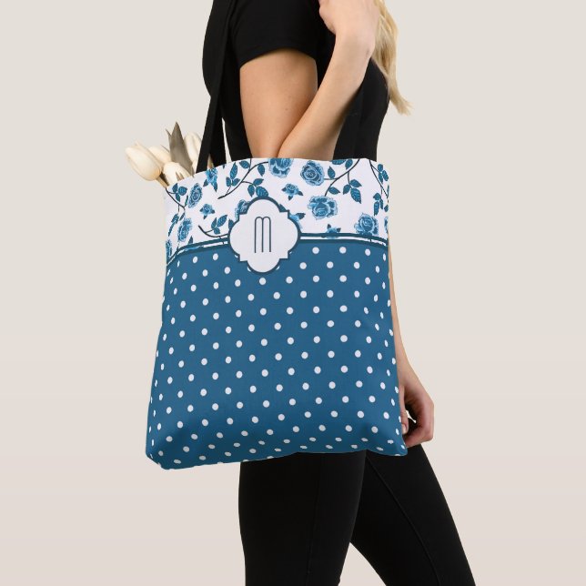Tote Bag Monogramme de point de Polka Rose bleu (De près)
