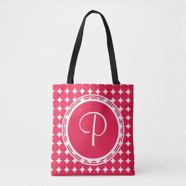 Tote Bag Monogramme de point de polka rouge (Devant)