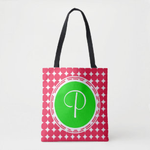 Tote Bag Monogramme de point Polka vert et rouge