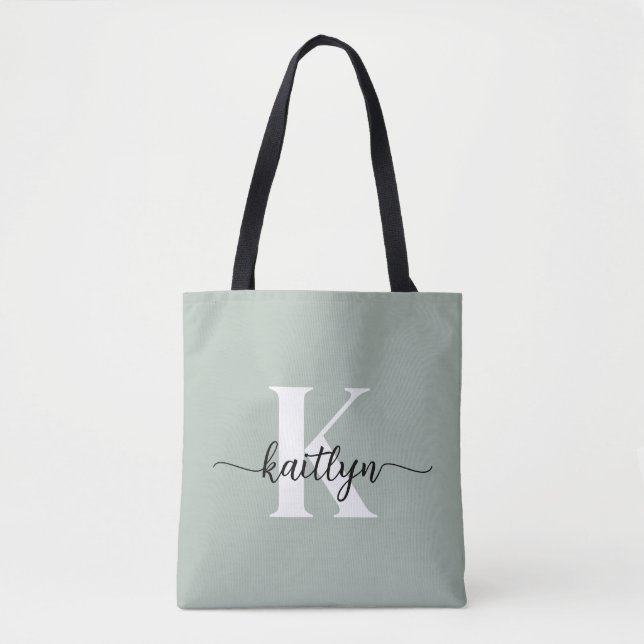 Tote Bag Monogramme de script vert Sage (Devant)