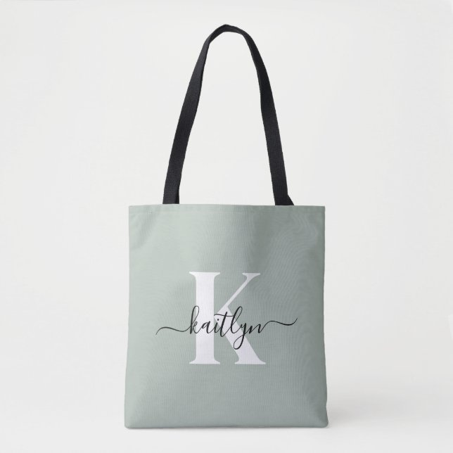 Tote Bag Monogramme de style moderne vert sauge (Devant)