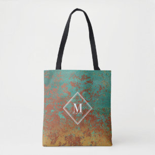Tote Bag Monogramme de texture métallique turquoise en cuiv