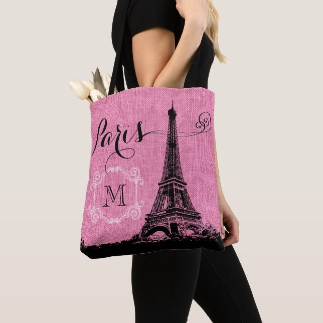 Tote Bag Monogramme de toile de jute de rose de Tour Eiffel (De près)