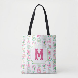 Tote Bag Monogramme de tuiles de Mahjong Rose & Vert Palm B