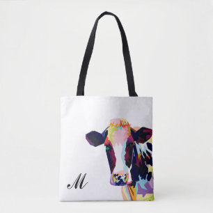 Tote Bag Monogramme de vache pop art coloré