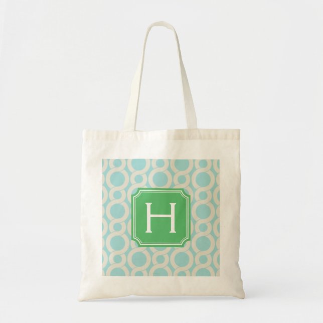 Tote Bag Monogramme de verrouillage bleu de motif d'aqua (Devant)