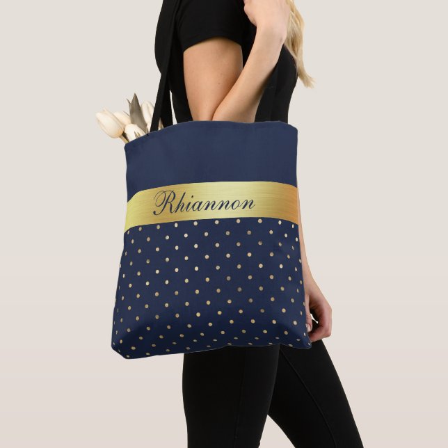 Tote Bag Monogramme d'élégante couleur or bleu marine (De près)