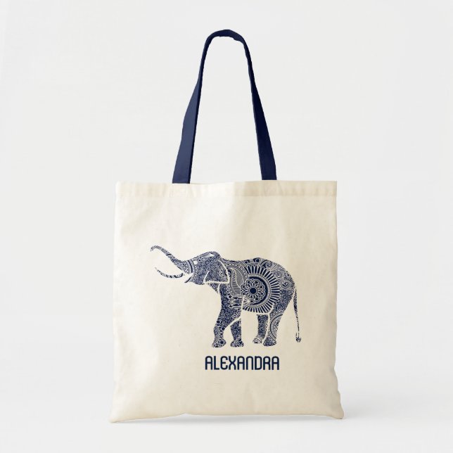 Tote Bag Monogramme d'éléphant bleu et blanc de la Marine (Devant)