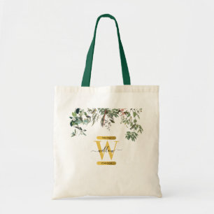 Tote Bag Monogramme d'or Elégant Eucalyptus Verdure & Oisea
