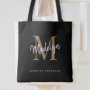 Tote Bag Monogramme d'or noir moderne Nom initial