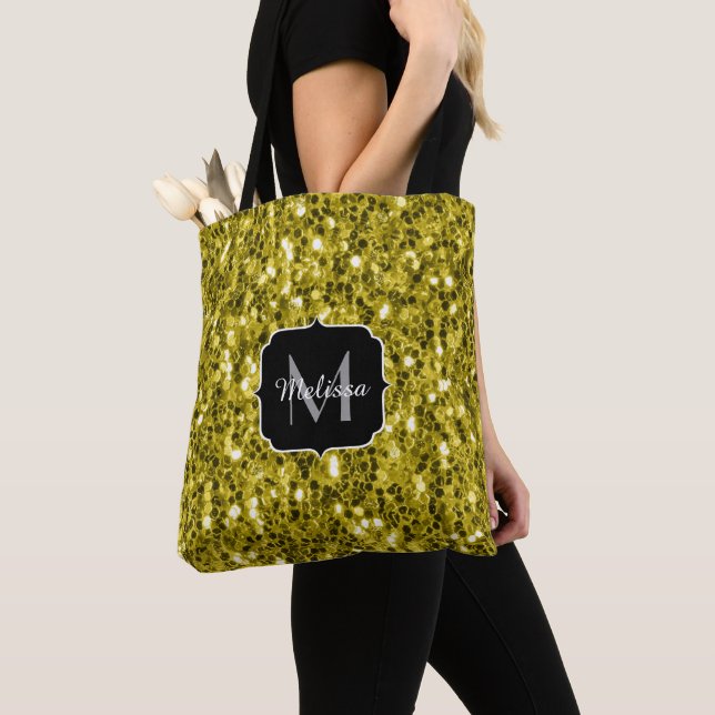 Tote Bag Monogramme doré foncé jaune faux parties scintilla (De près)