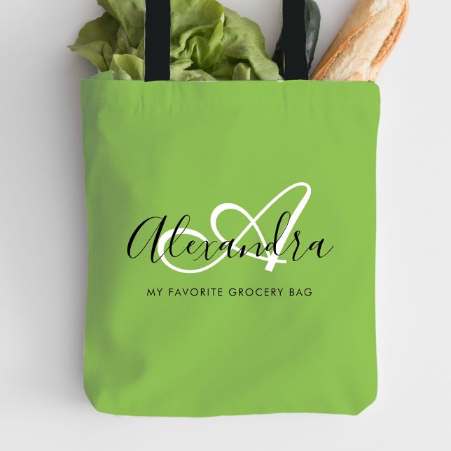 Tote Bag Monogramme élégant à la mode vert brillant (Girly Bright Green Trendy Elegant Script Monogram Tote Bag)