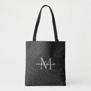 Tote Bag Monogramme élégant floral noir vert Script