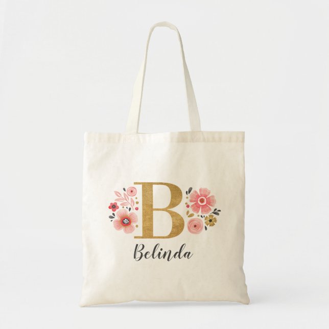 Tote Bag Monogramme élégant Initiale Nom Or Floral  (Devant)