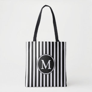 Tote Bag Monogramme élégant rayé noir et blanc