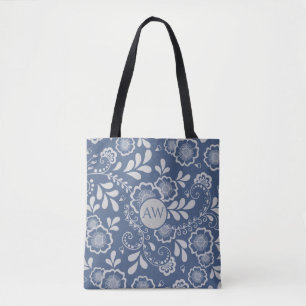 Tote Bag Monogramme en dentelle victorienne argent et bleu