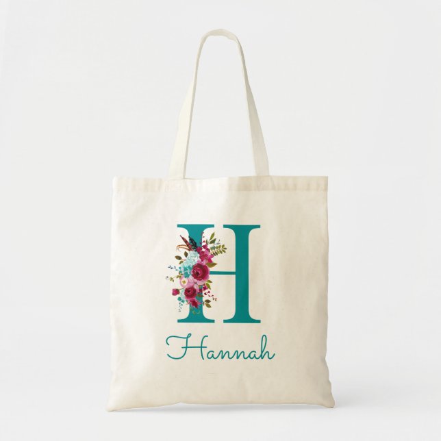 Tote Bag Monogramme en écriture lettre H florale sarcelle r (Devant)