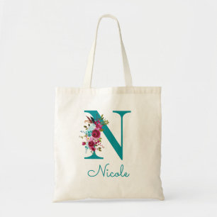 Tote Bag Monogramme en écriture N florale sarcelle rose